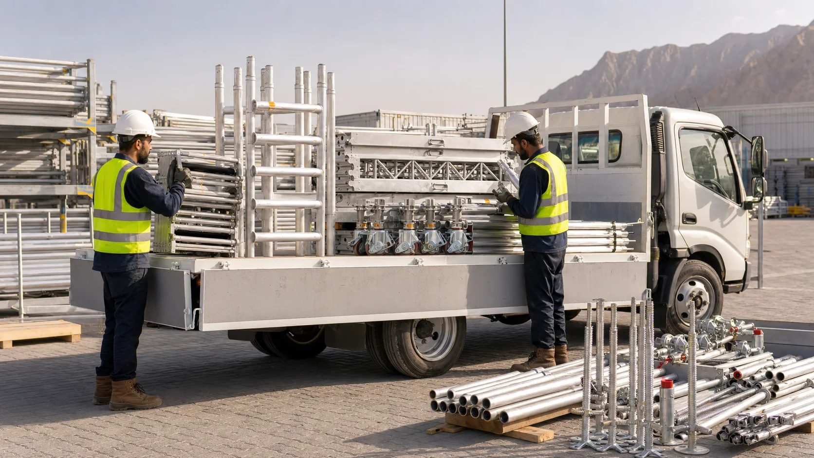 Aluminium scaffold tower components prepared for delivery in Oman