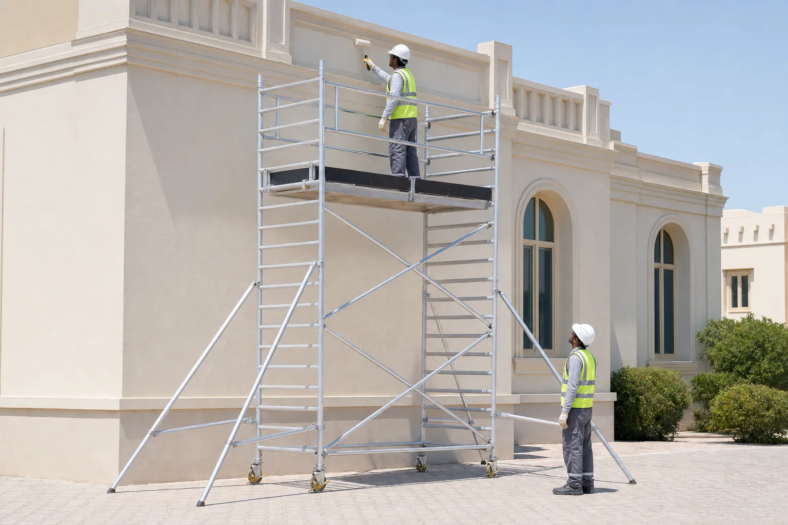 Aluminium scaffold tower used for exterior building maintenance