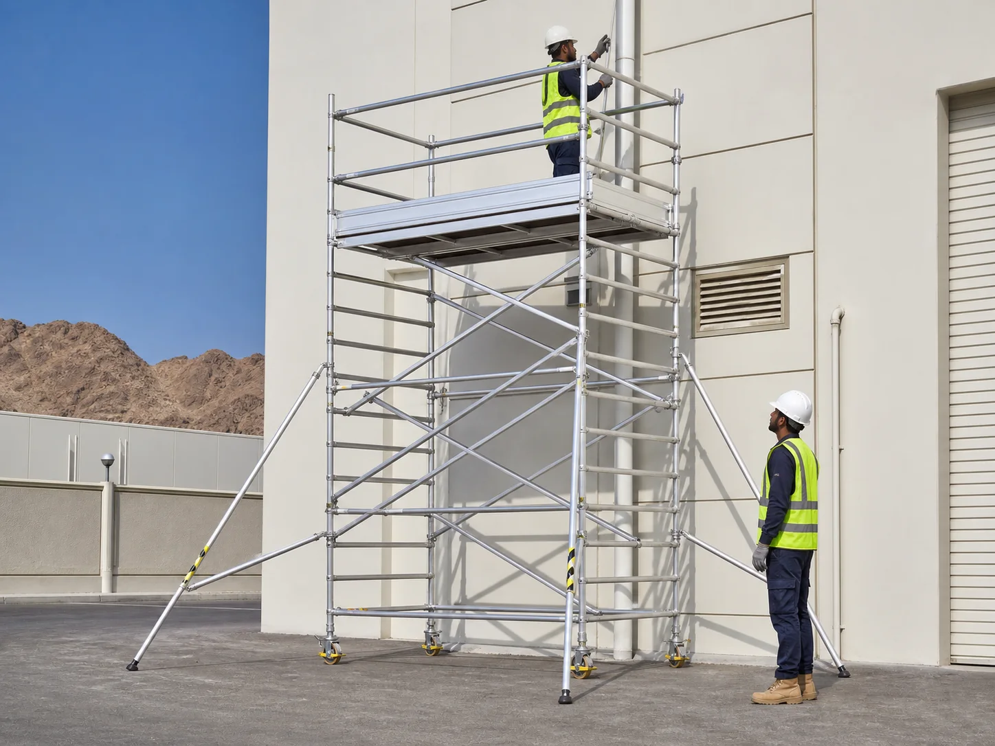 Mobile aluminium scaffold tower with guardrails and stabilizers