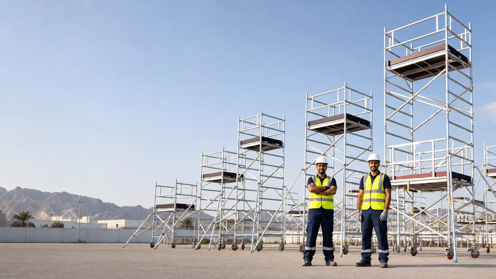 Aluminium scaffold towers stored at a scaffolding yard in Oman