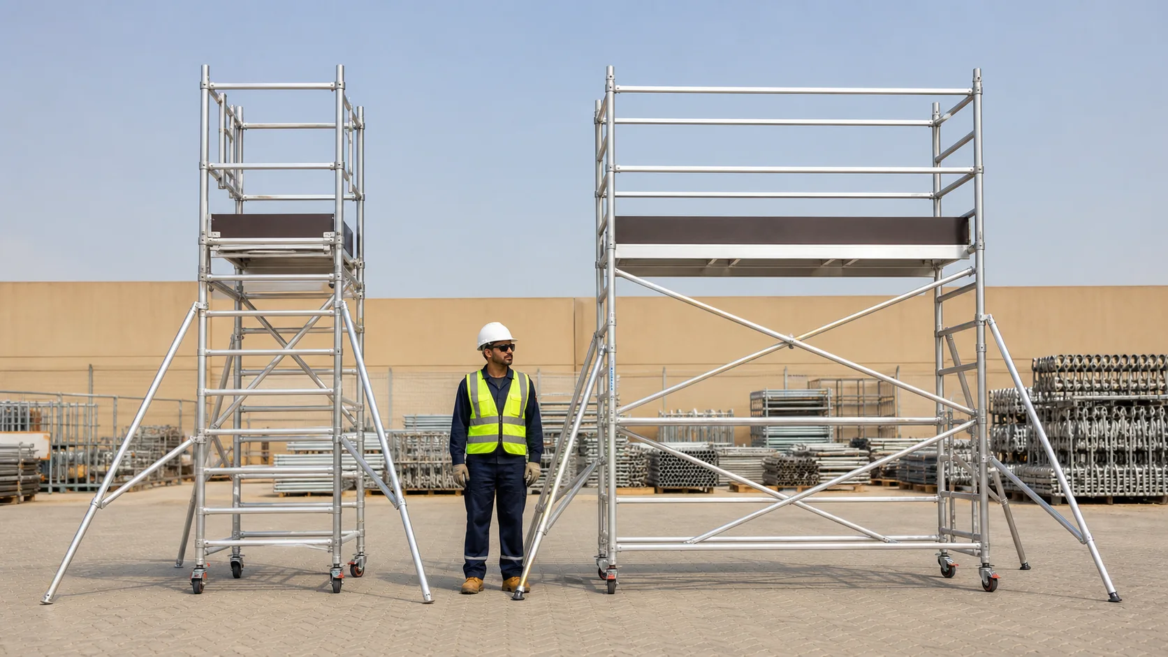 Single-width and double-width aluminium scaffold towers