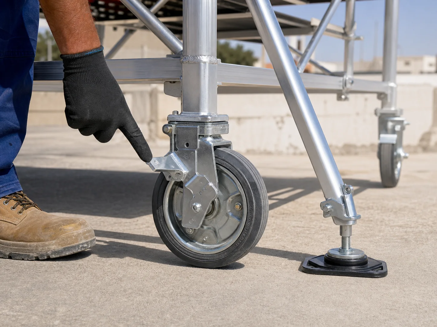 Locked castor wheel and stabilizer on an aluminium scaffold tower