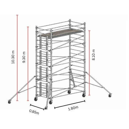 10m single width aluminium mobile scaffolding tower with locking wheels