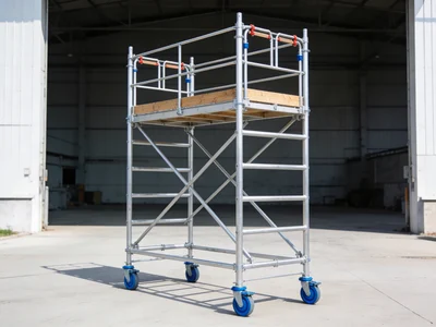 Aluminium mobile scaffolding tower in industrial yard