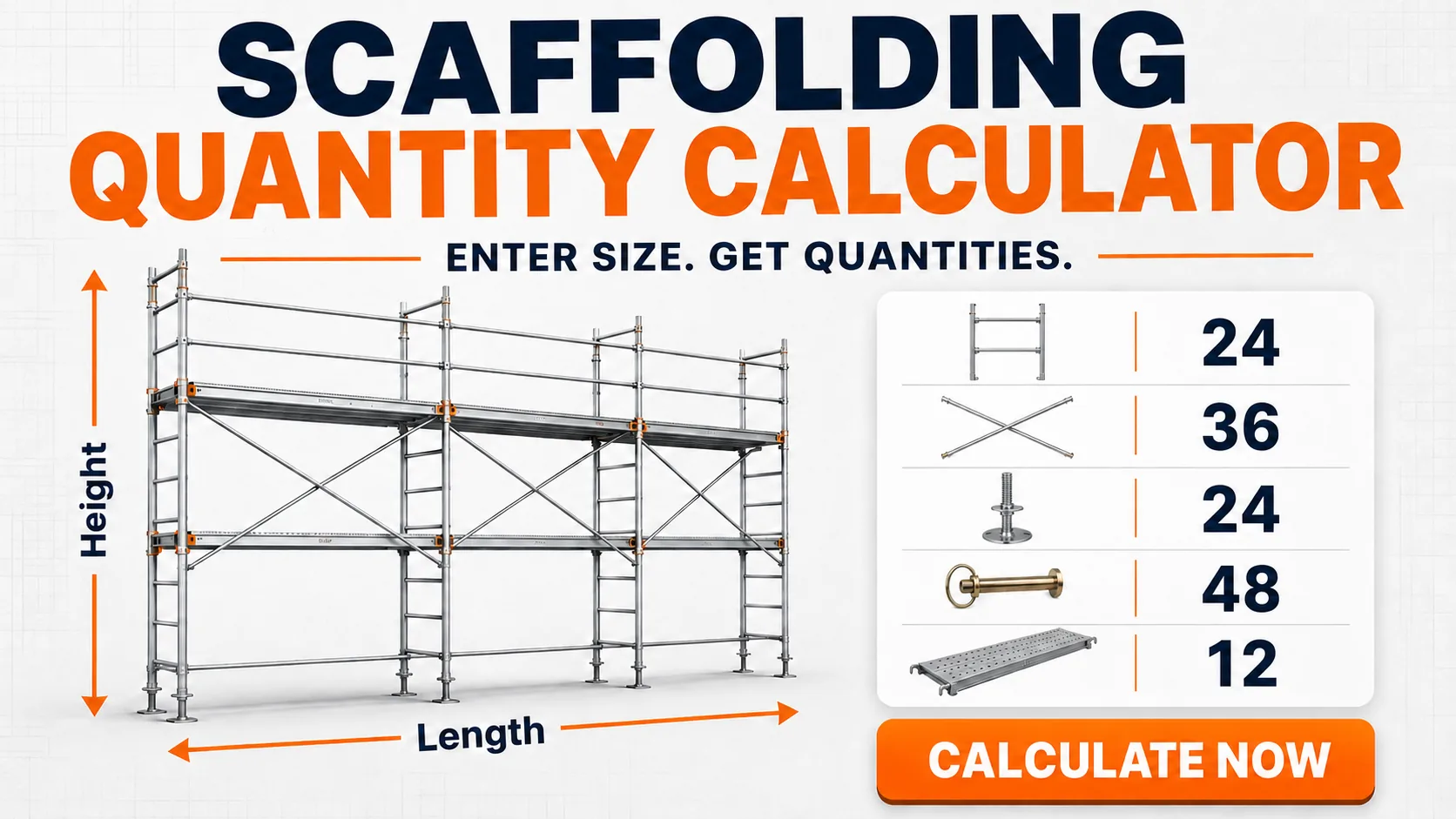 Scaffolding quantity calculator showing scaffold length, height and estimated component quantities