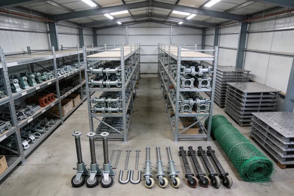 Scaffolding accessories organized in warehouse